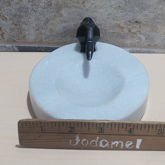 Decorative Marble Soap Dish Jewelry Holder Black Metal Bird Figure - Picture 8 of 11